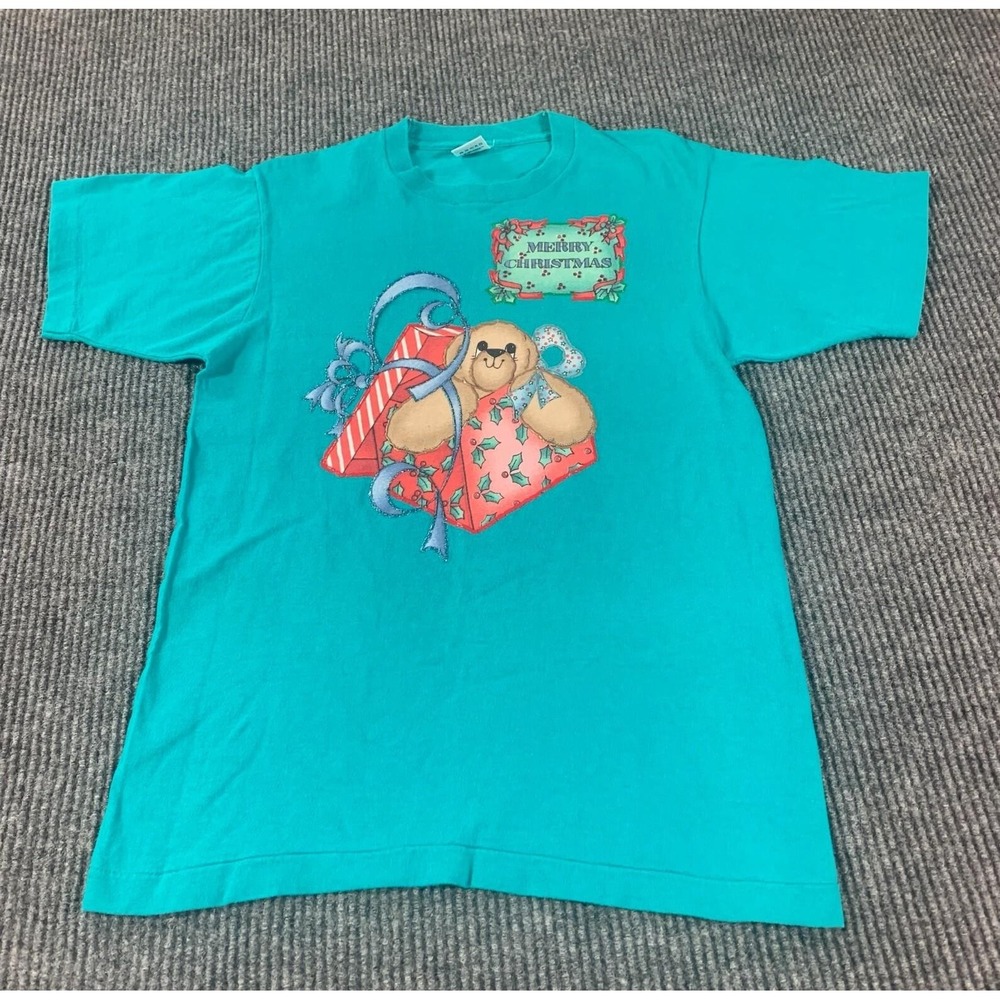 VTG Fruit of the Loom T Shirt Mens M Green Christmas Bears Single Stitch 90s USA